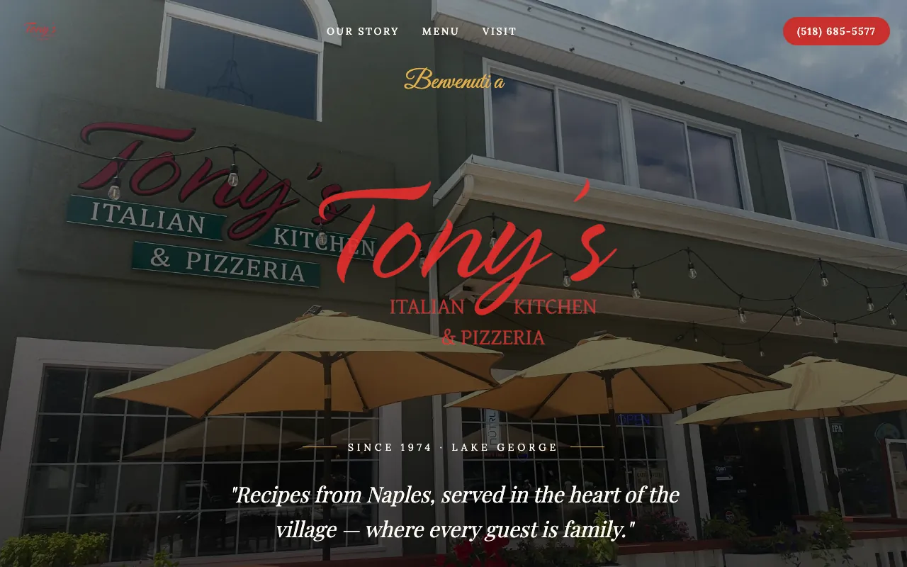 Tony's Village Kitchen — live site screenshot